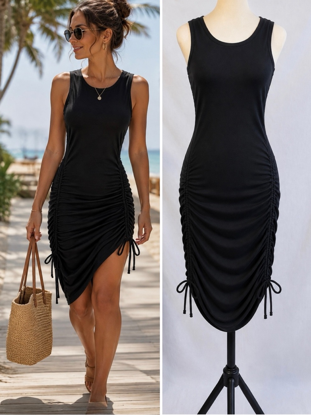 ♨️NWT Good American Adjustable Side-Ruch Tank Dress Black Sz 1 / Small 🧡